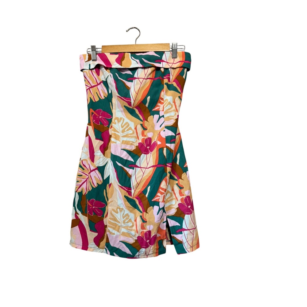 Forever 21 Strapless Mini Dress Womens Small Teal Pink Tropical Leaf Excellent